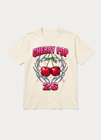 Cherry Pop 26 Y2K graphic tee with chrome cherries in beige