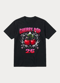Cherry Pop 26 Y2K graphic tee with chrome cherries in black