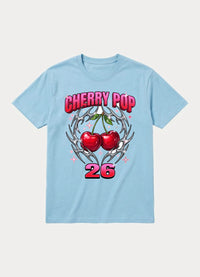 Cherry Pop 26 Y2K graphic tee with chrome cherries in light blue