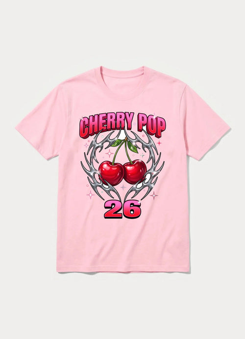 Cherry Pop 26 Y2K graphic tee with chrome cherries in pink