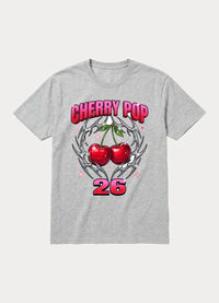 Cherry Pop 26 Y2K graphic tee with chrome cherries in silver