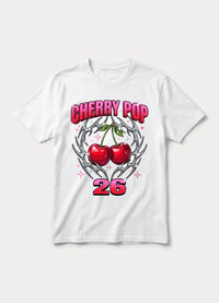 Cherry Pop 26 Y2K graphic tee with chrome cherries in white