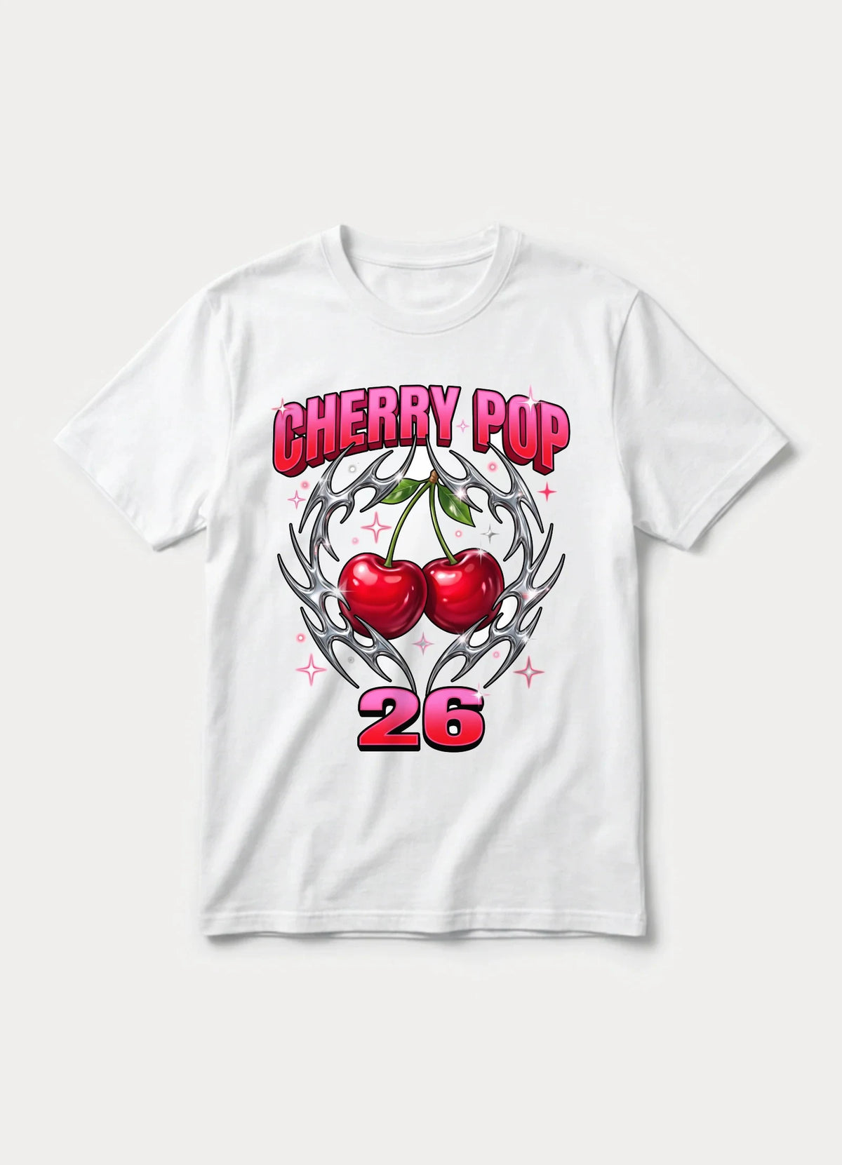 Cherry Pop 26 Y2K graphic tee with chrome cherries in white