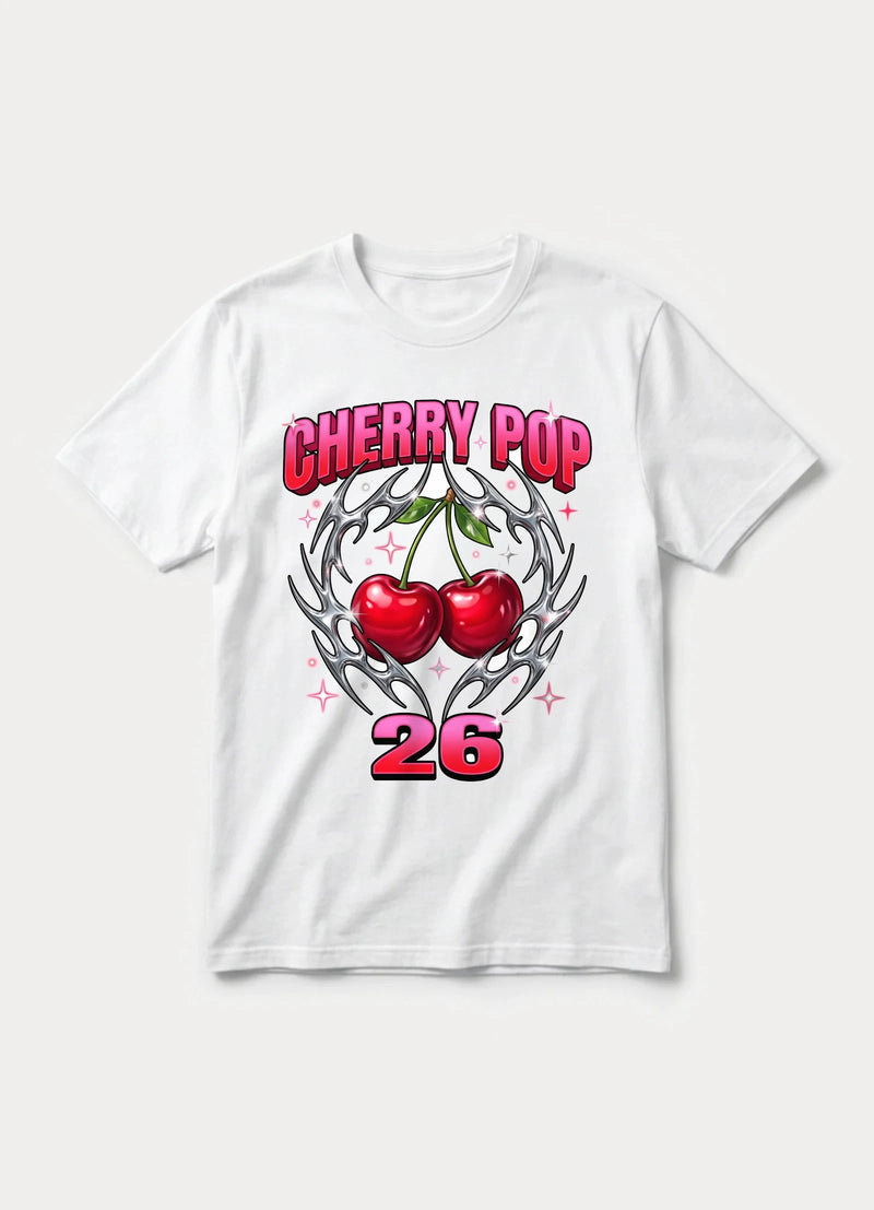 Cherry Pop 26 Y2K graphic tee with chrome cherries in white