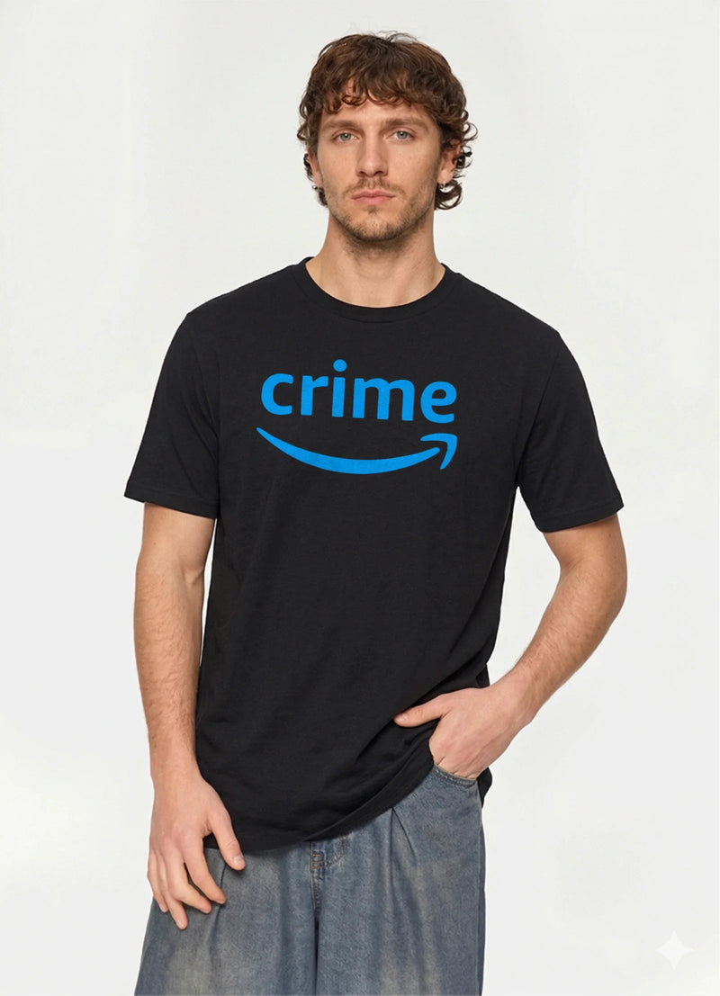 Man wearing the black Crime parody graphic tee
