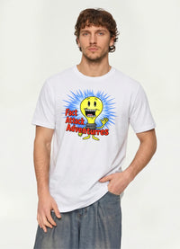 Man wearing the white Fact Attack Adventures graphic tee