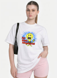 Woman wearing the white Fact Attack Adventures graphic tee