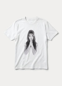 White Praying Hands photo graphic tee with black and white portrait print