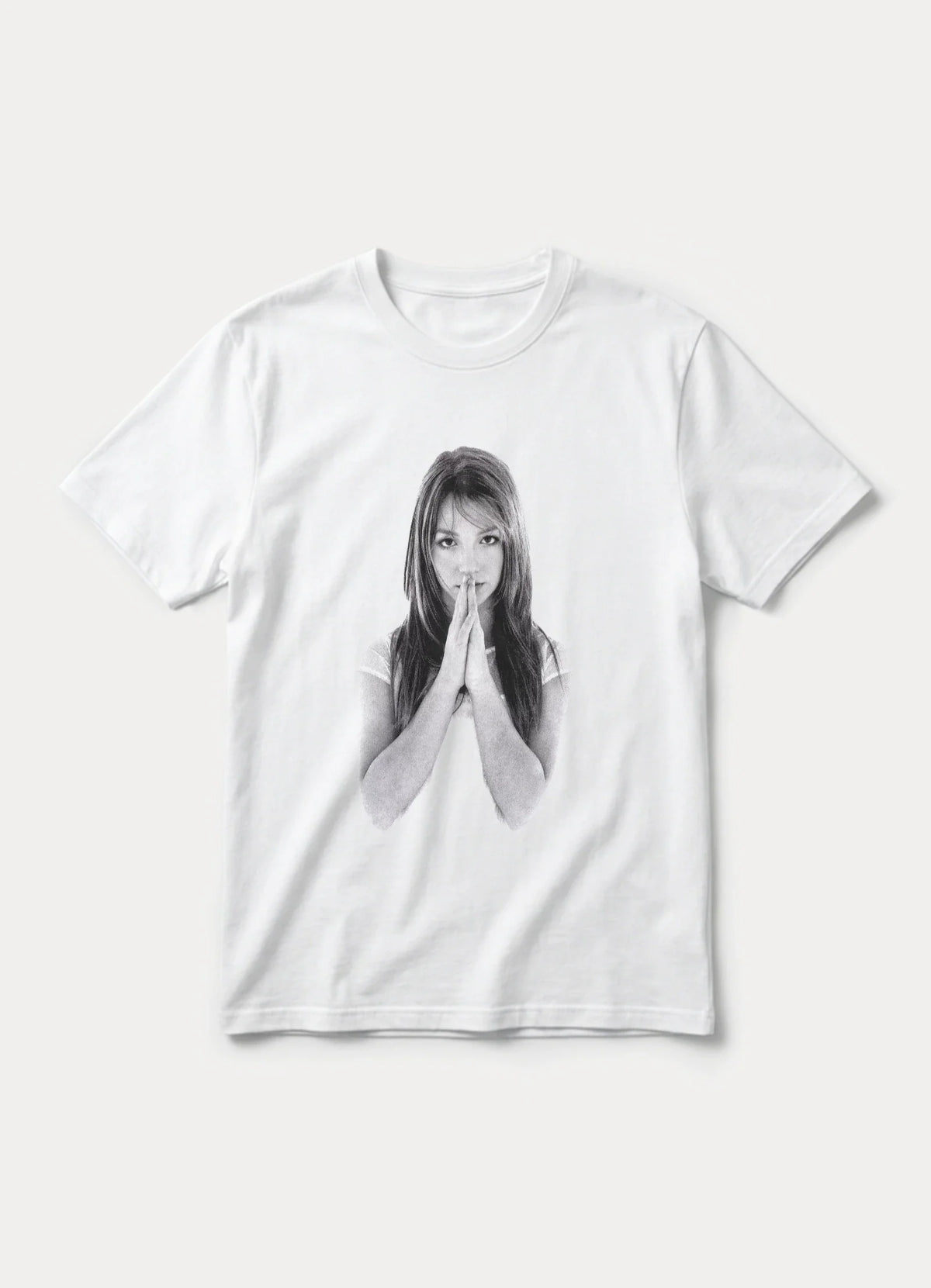 White Praying Hands photo graphic tee with black and white portrait print