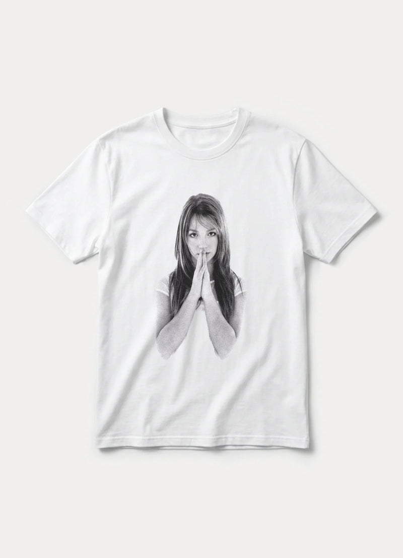 White Praying Hands photo graphic tee with black and white portrait print