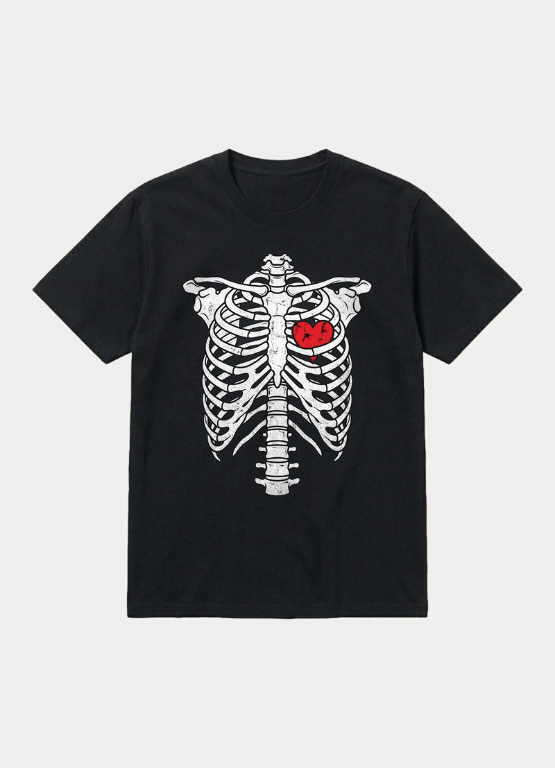 Skeleton rib cage graphic tee with red heart in black