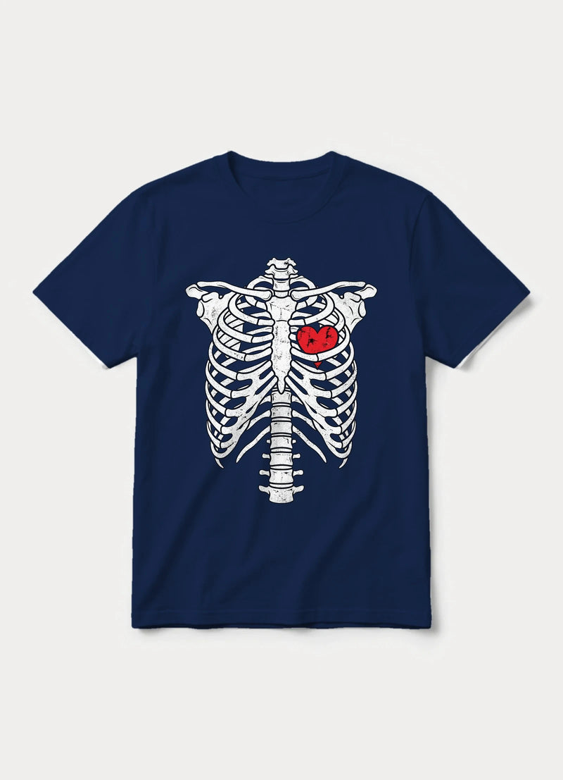 Skeleton rib cage graphic tee with red heart in navy